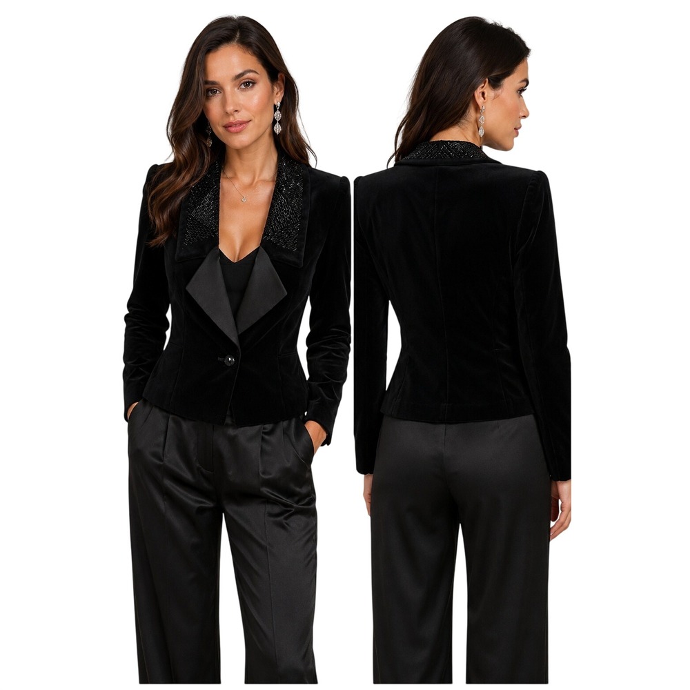 Louis Feraud Paris Vintage Black Velvet Beaded Silk Trim Blazer Jacket Size 6